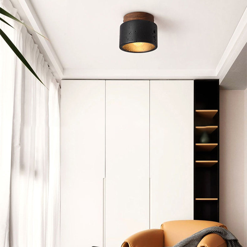 Traditional Japanese Cylindrical Wooden Black Travertine 1-Light Semi-Flush Mount Ceiling Light Hallway Fixture