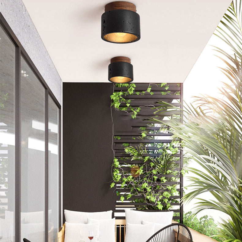Traditional Japanese Cylindrical Wooden Black Travertine 1-Light Semi-Flush Mount Ceiling Light Hallway Fixture
