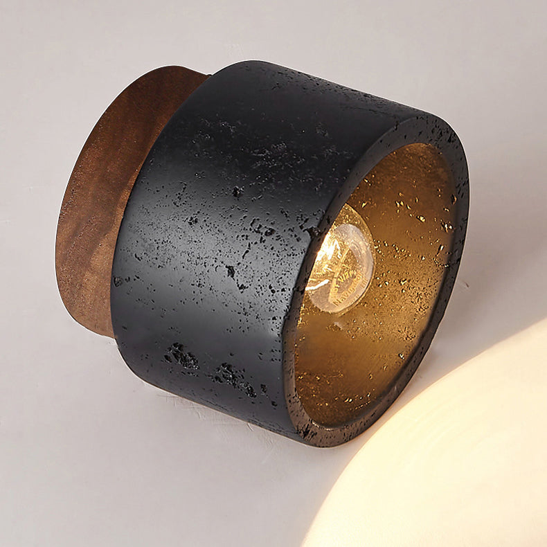 Traditional Japanese Cylindrical Wooden Black Travertine 1-Light Semi-Flush Mount Ceiling Light Hallway Fixture