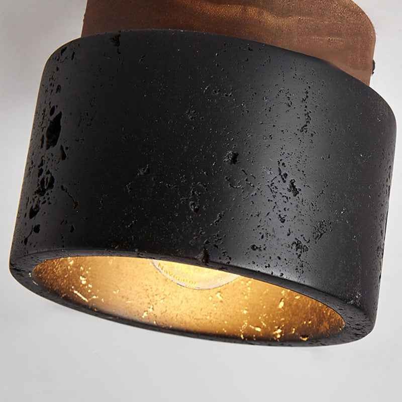 Traditional Japanese Cylindrical Wooden Black Travertine 1-Light Semi-Flush Mount Ceiling Light Hallway Fixture