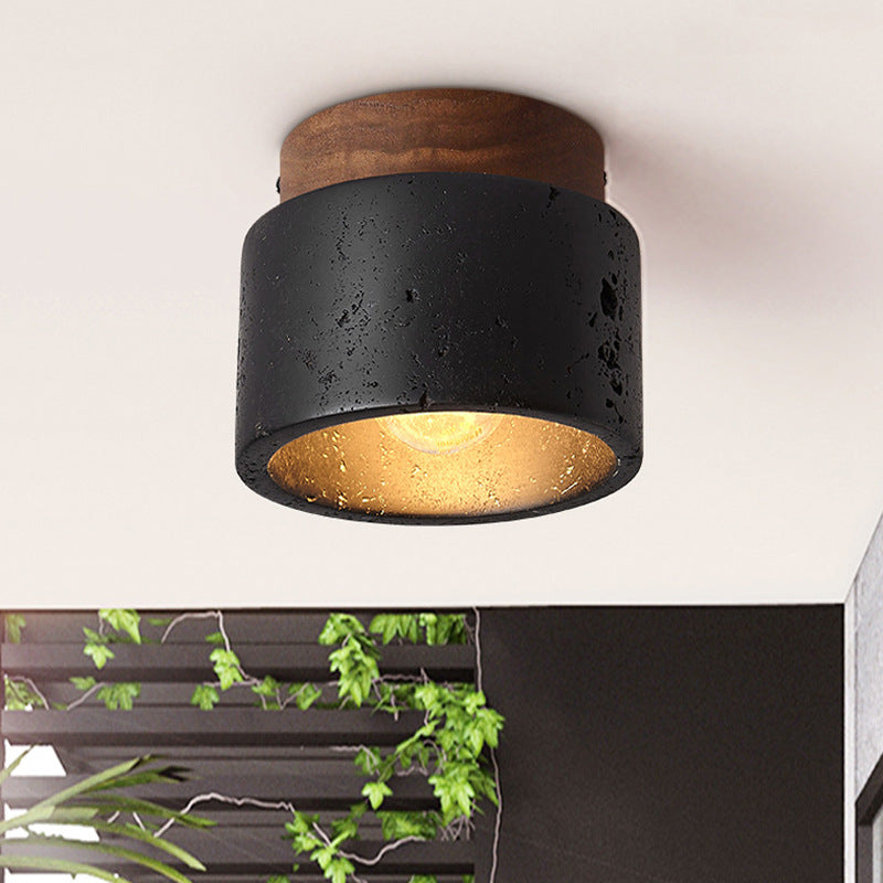Traditional Japanese Cylindrical Wooden Black Travertine 1-Light Semi-Flush Mount Ceiling Light Hallway Fixture