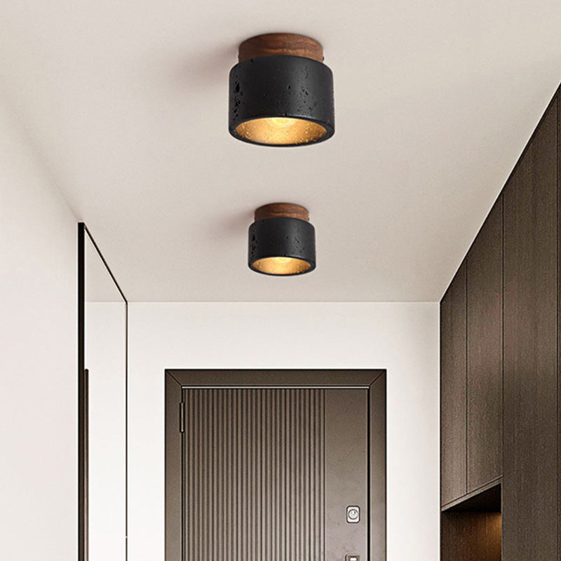 Traditional Japanese Cylindrical Wooden Black Travertine 1-Light Semi-Flush Mount Ceiling Light Hallway Fixture
