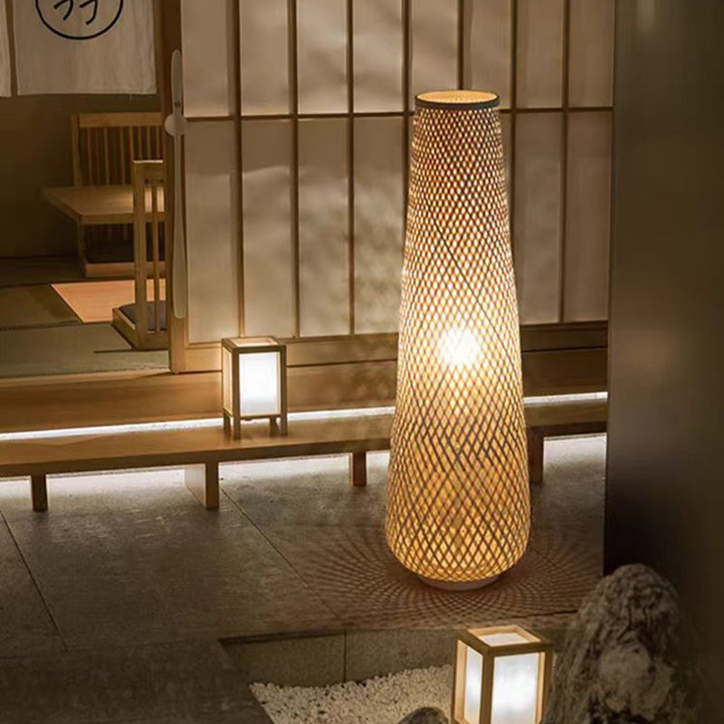 Traditional Chinese Cylinder Bamboo Floor Lamp - 1-Light Standing Design for Living Room, Elegant Home Décor, Asian-Inspired Lighting
