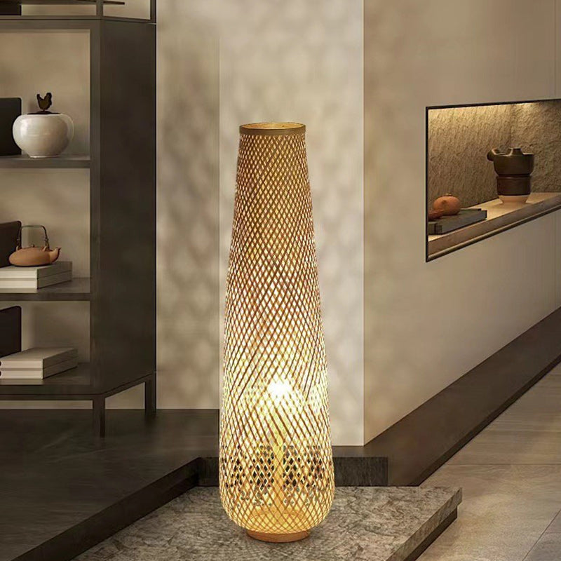 Traditional Chinese Cylinder Bamboo Floor Lamp - 1-Light Standing Design for Living Room, Elegant Home Décor, Asian-Inspired Lighting