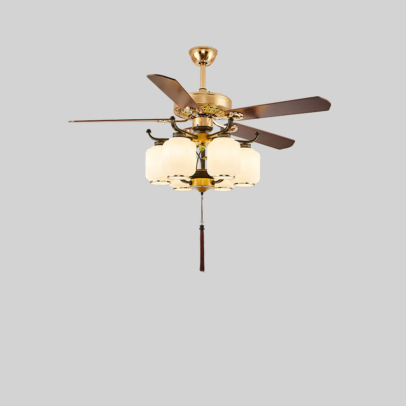 Traditional Chinese Lantern Ceiling Fan Light - Iron Wood, Glass Shade, 3/6 Lights, Living Room Fixture