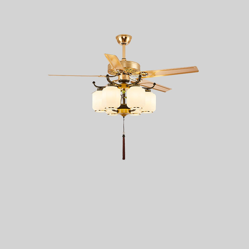 Traditional Chinese Lantern Ceiling Fan Light - Iron Wood, Glass Shade, 3/6 Lights, Living Room Fixture