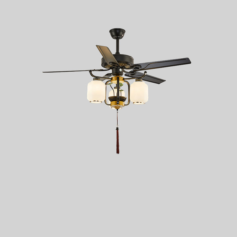 Traditional Chinese Lantern Ceiling Fan Light - Iron Wood, Glass Shade, 3/6 Lights, Living Room Fixture