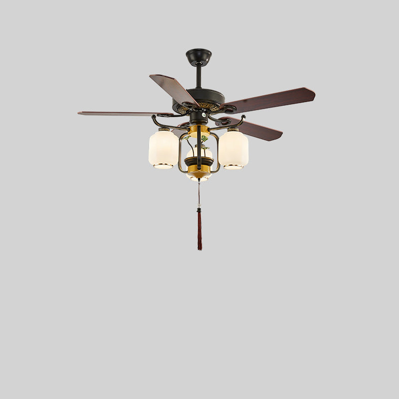 Traditional Chinese Lantern Ceiling Fan Light - Iron Wood, Glass Shade, 3/6 Lights, Living Room Fixture
