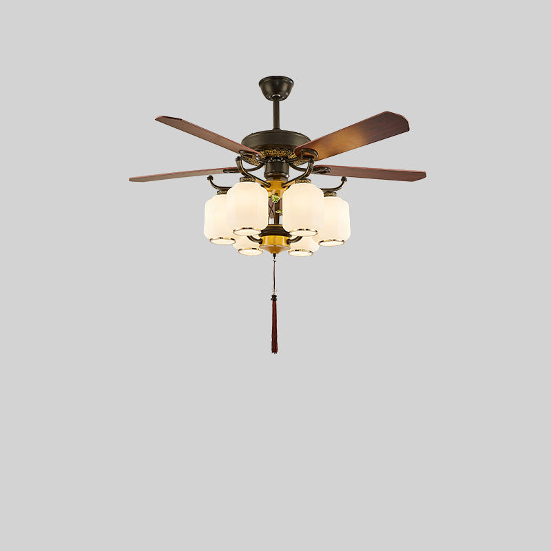 Traditional Chinese Lantern Ceiling Fan Light - Iron Wood, Glass Shade, 3/6 Lights, Living Room Fixture