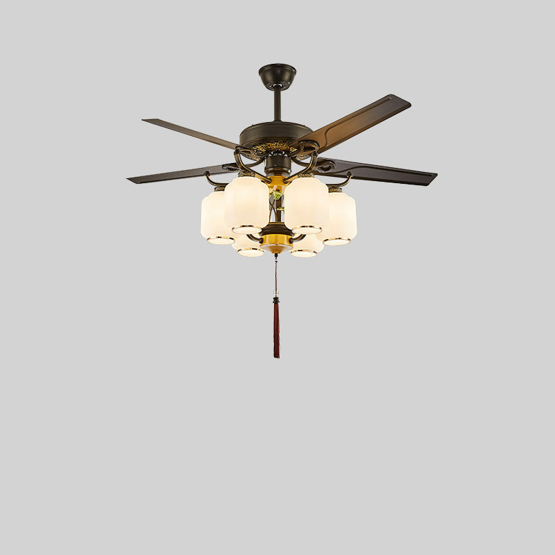 Traditional Chinese Lantern Ceiling Fan Light - Iron Wood, Glass Shade, 3/6 Lights, Living Room Fixture