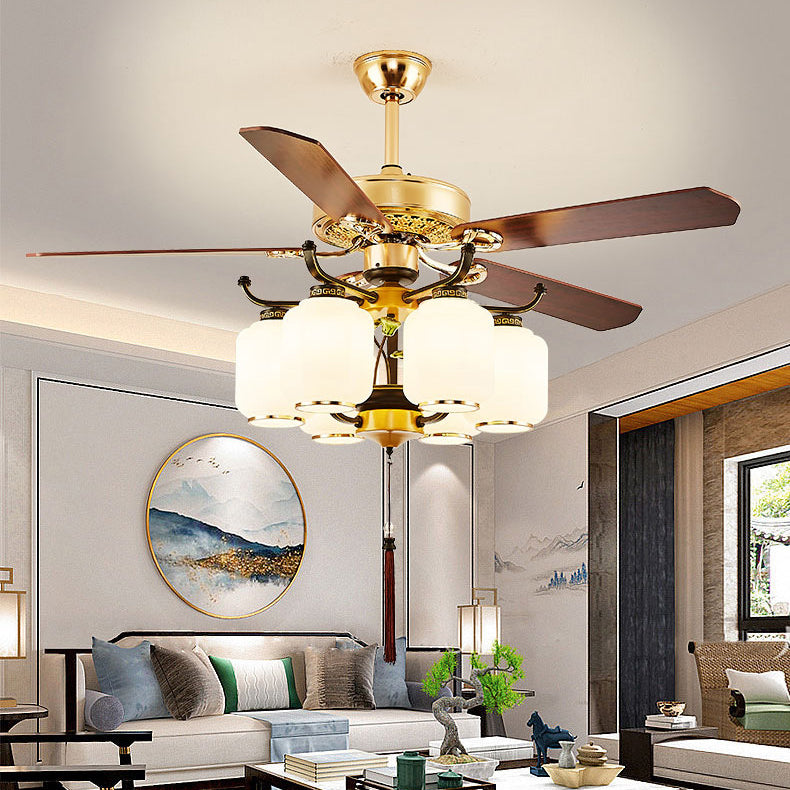 Traditional Chinese Lantern Ceiling Fan Light - Iron Wood, Glass Shade, 3/6 Lights, Living Room Fixture