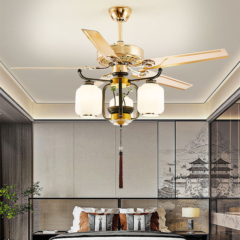 Traditional Chinese Lantern Ceiling Fan Light - Iron Wood, Glass Shade, 3/6 Lights, Living Room Fixture
