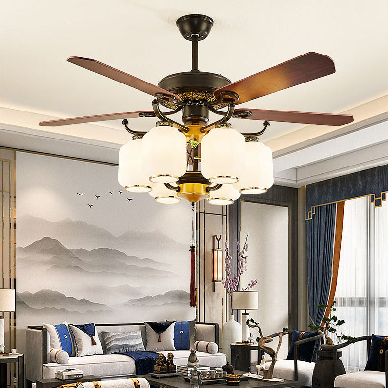 Traditional Chinese Lantern Ceiling Fan Light - Iron Wood, Glass Shade, 3/6 Lights, Living Room Fixture