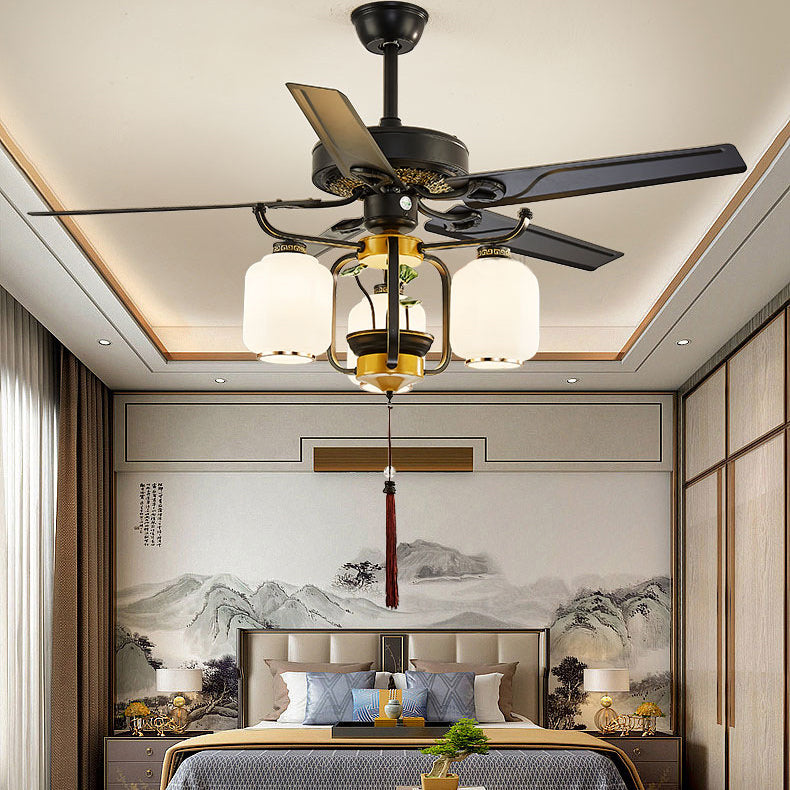 Traditional Chinese Lantern Ceiling Fan Light - Iron Wood, Glass Shade, 3/6 Lights, Living Room Fixture
