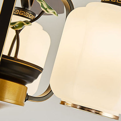 Traditional Chinese Lantern Ceiling Fan Light - Iron Wood, Glass Shade, 3/6 Lights, Living Room Fixture
