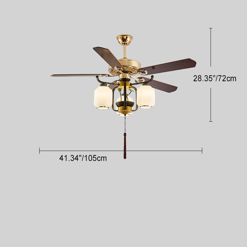 Traditional Chinese Lantern Ceiling Fan Light - Iron Wood, Glass Shade, 3/6 Lights, Living Room Fixture