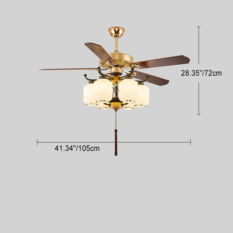 Traditional Chinese Lantern Ceiling Fan Light - Iron Wood, Glass Shade, 3/6 Lights, Living Room Fixture