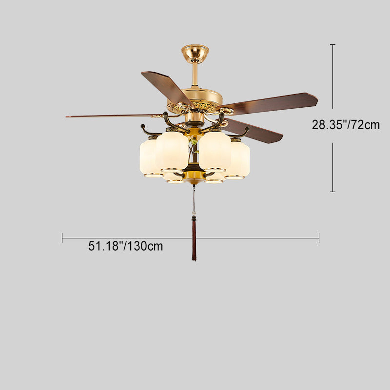 Traditional Chinese Lantern Ceiling Fan Light - Iron Wood, Glass Shade, 3/6 Lights, Living Room Fixture
