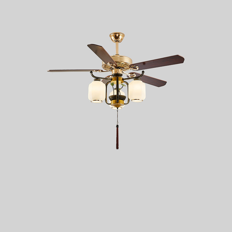 Traditional Chinese Lantern Ceiling Fan Light - Iron Wood, Glass Shade, 3/6 Lights, Living Room Fixture