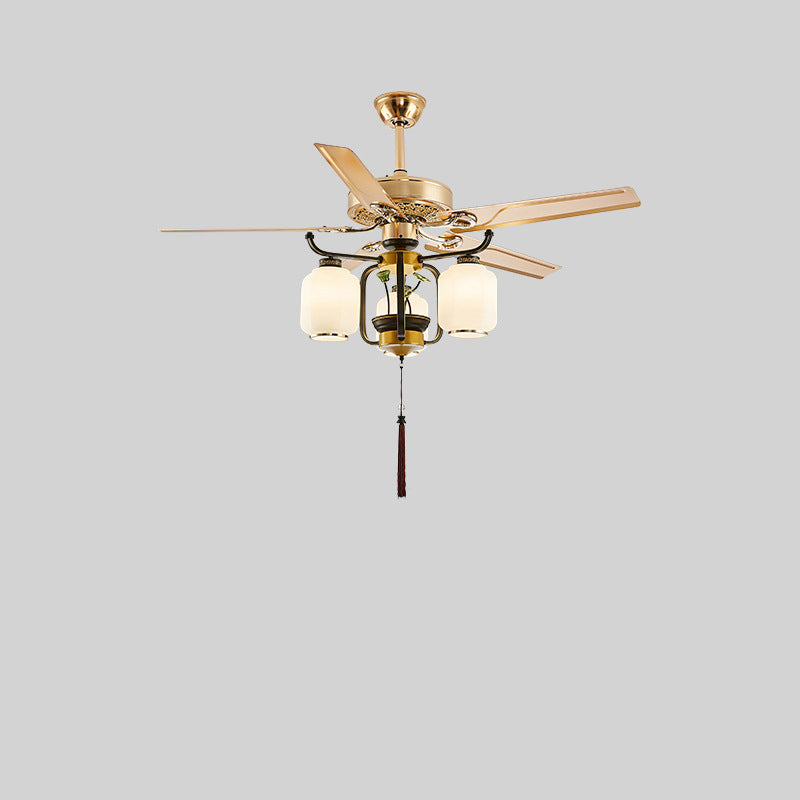 Traditional Chinese Lantern Ceiling Fan Light - Iron Wood, Glass Shade, 3/6 Lights, Living Room Fixture