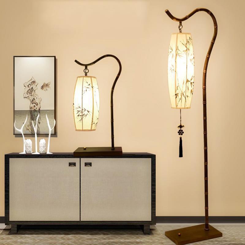 Traditional Chinese Fishing Rod Lantern Floor Lamp - Bamboo Pattern Iron 1-Light for Living Room