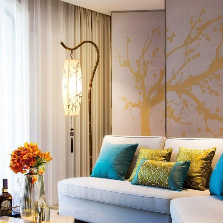 Traditional Chinese Fishing Rod Lantern Floor Lamp - Bamboo Pattern Iron 1-Light for Living Room