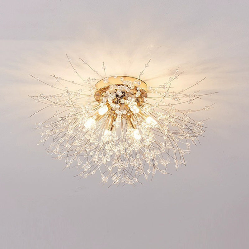 Contemporary Dandelion Iron Crystal Semi-Flush Mount Ceiling Light for Living Room - 4/5/6/8 Lights