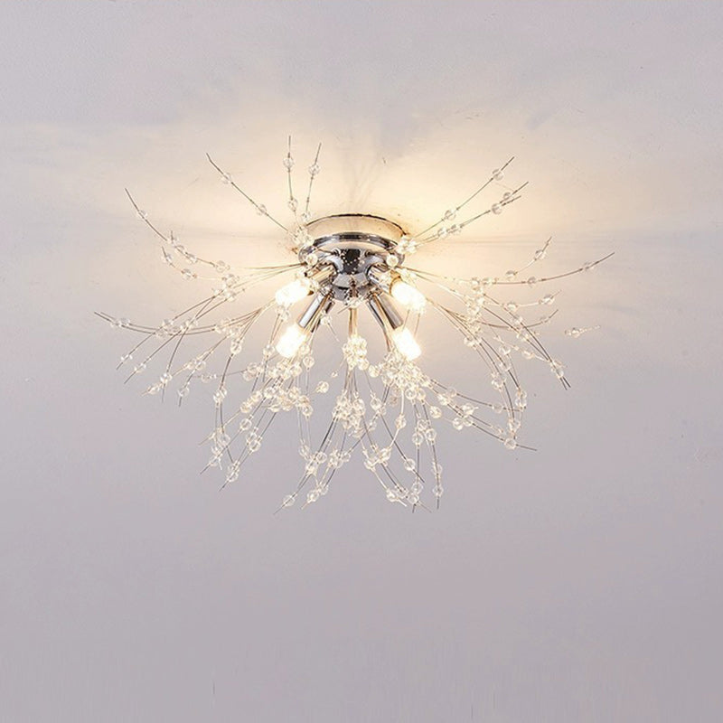 Contemporary Dandelion Iron Crystal Semi-Flush Mount Ceiling Light for Living Room - 4/5/6/8 Lights