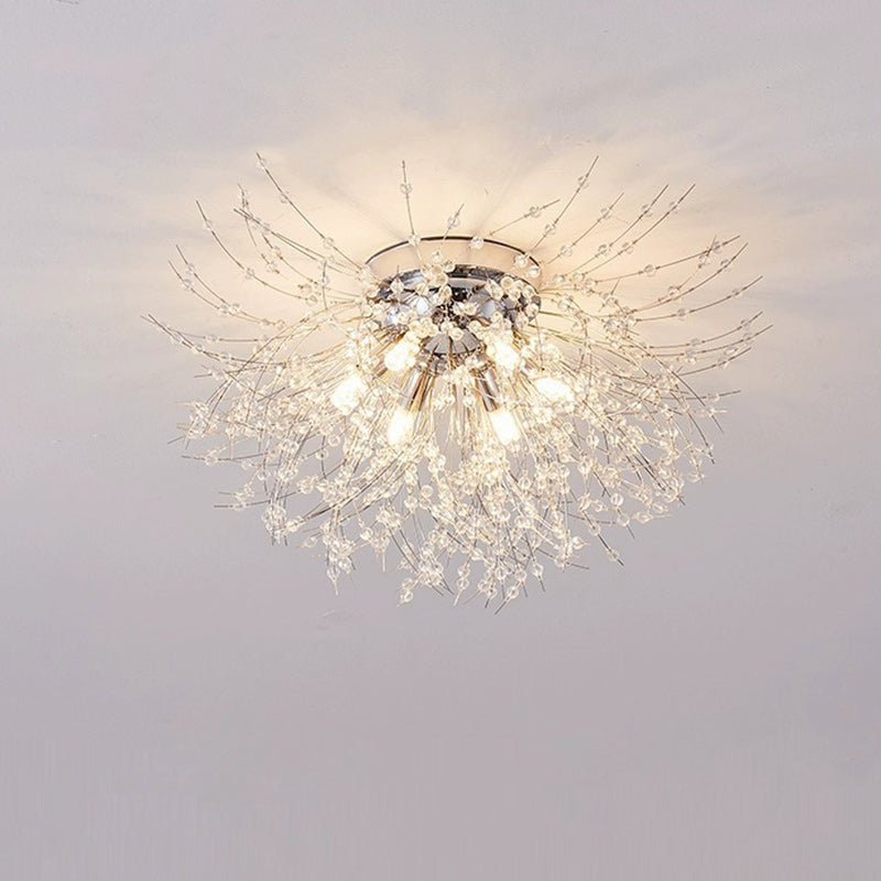 Contemporary Dandelion Iron Crystal Semi-Flush Mount Ceiling Light for Living Room - 4/5/6/8 Lights