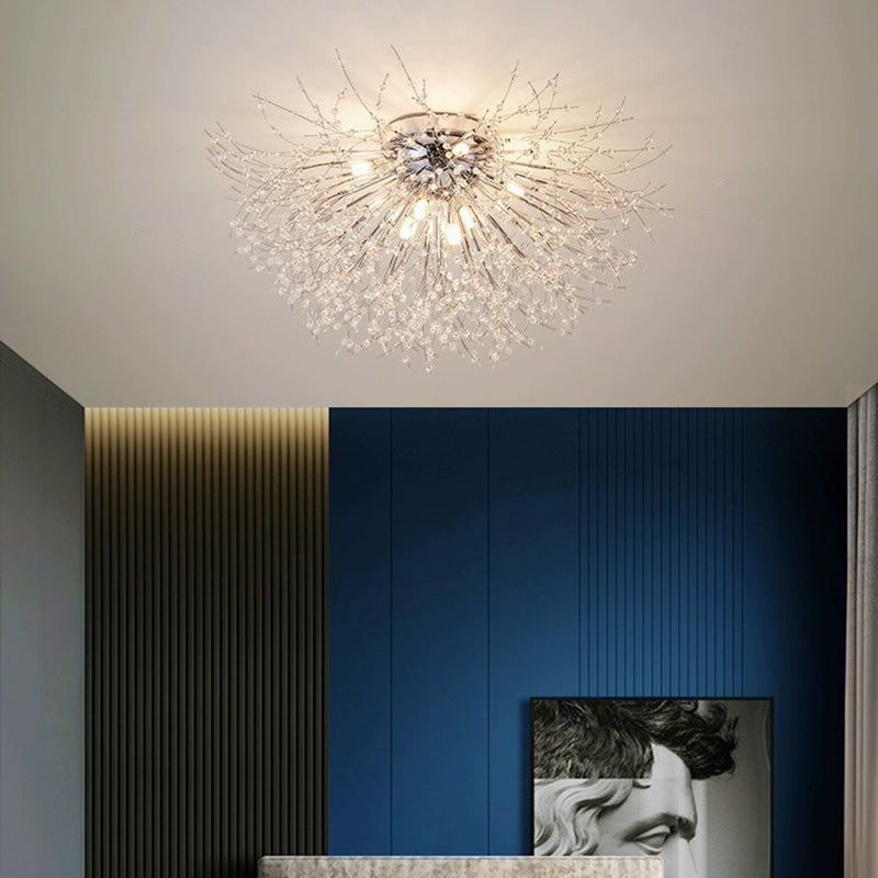 Contemporary Dandelion Iron Crystal Semi-Flush Mount Ceiling Light for Living Room - 4/5/6/8 Lights