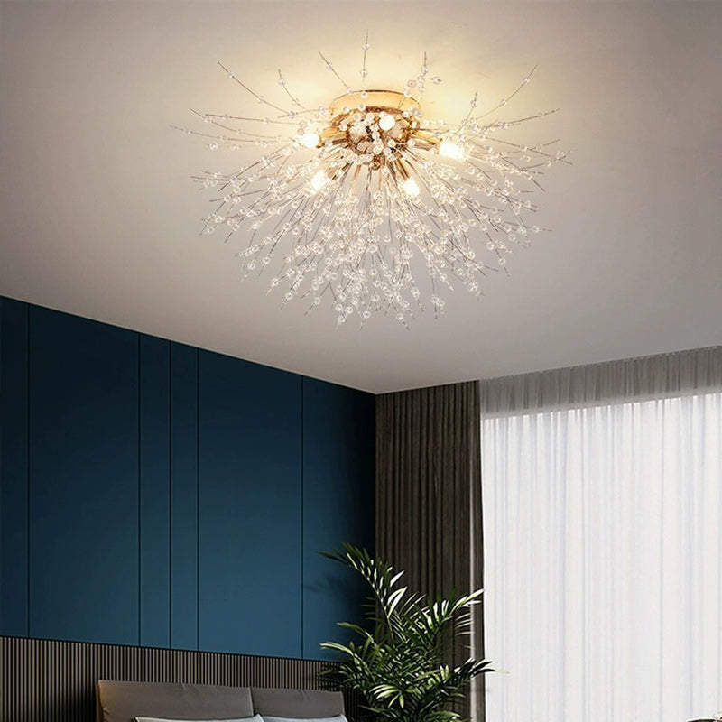 Contemporary Dandelion Iron Crystal Semi-Flush Mount Ceiling Light for Living Room - 4/5/6/8 Lights
