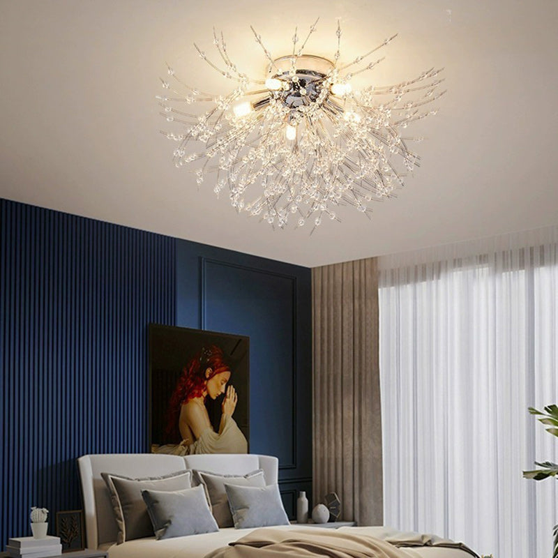 Contemporary Dandelion Iron Crystal Semi-Flush Mount Ceiling Light for Living Room - 4/5/6/8 Lights