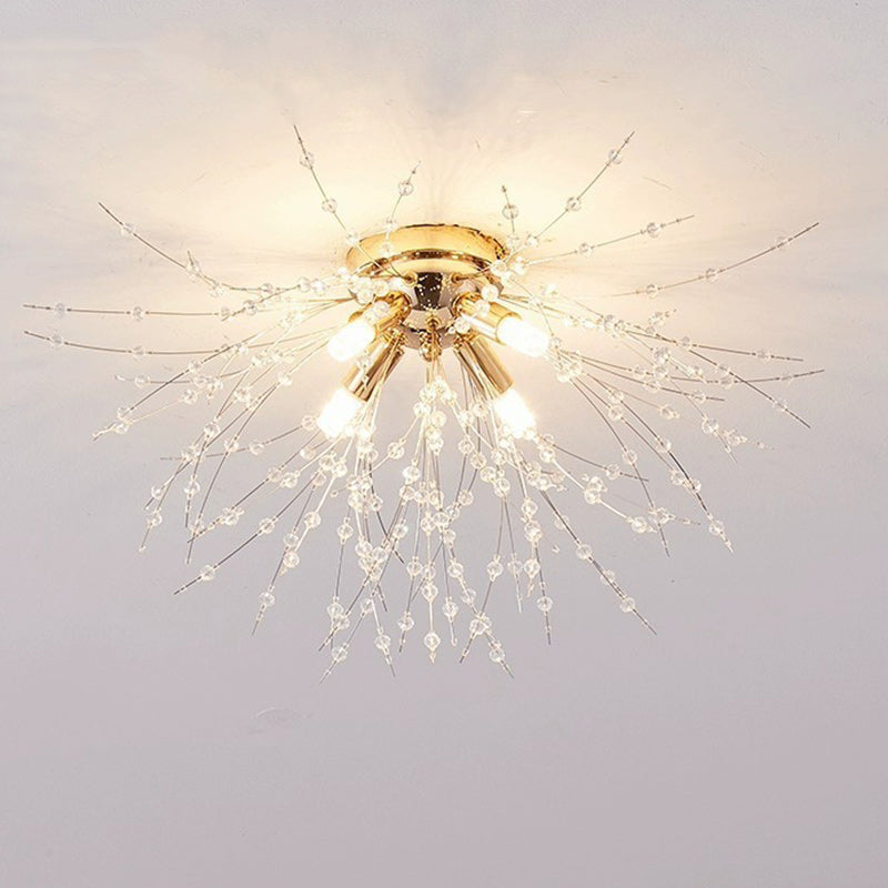 Contemporary Dandelion Iron Crystal Semi-Flush Mount Ceiling Light for Living Room - 4/5/6/8 Lights