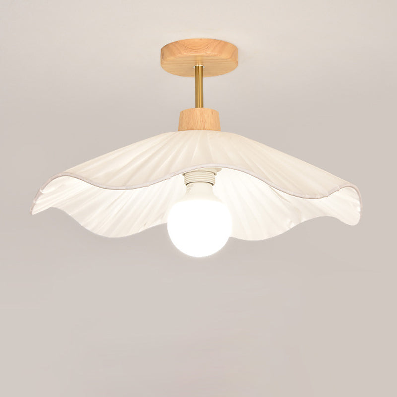 Modern Minimalist Round Flower Wooden Fabric Shade Semi-Flush Mount Light for Living Room