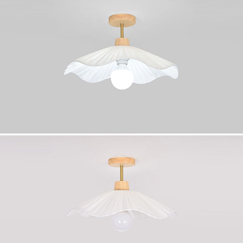 Modern Minimalist Round Flower Wooden Fabric Shade Semi-Flush Mount Light for Living Room