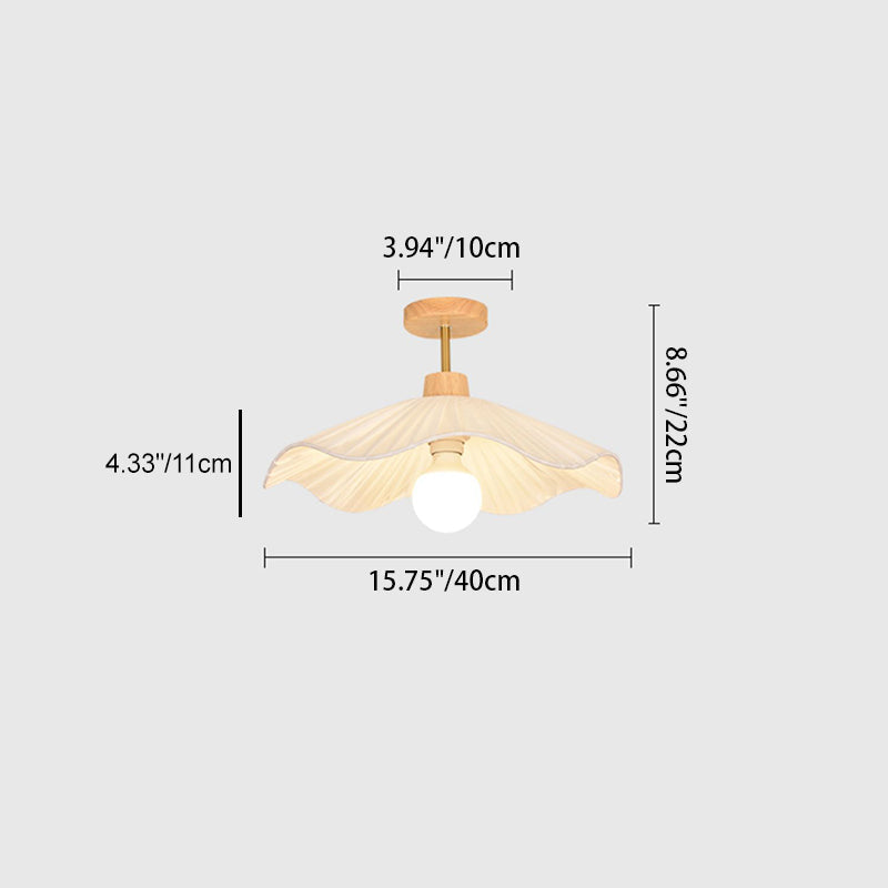 Modern Minimalist Round Flower Wooden Fabric Shade Semi-Flush Mount Light for Living Room