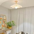 Modern Minimalist Round Flower Wooden Fabric Shade Semi-Flush Mount Light for Living Room