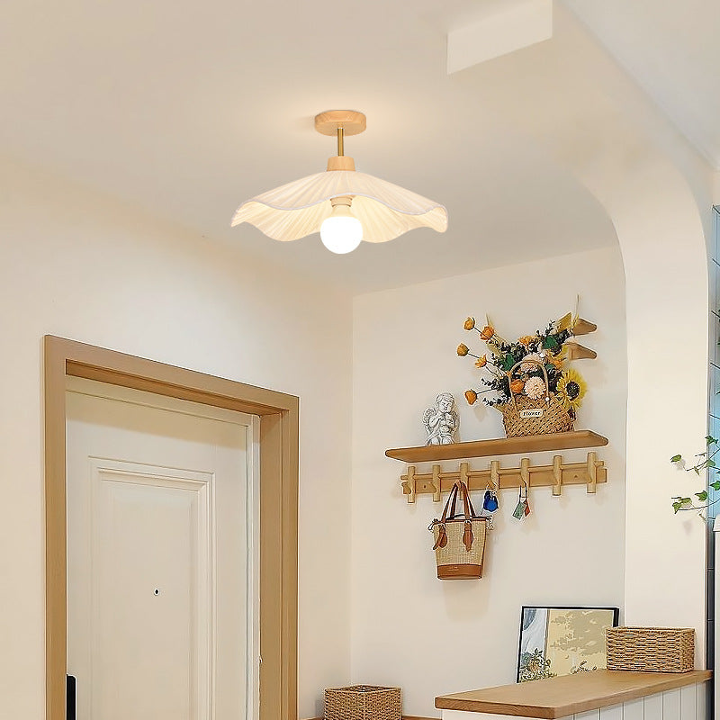 Modern Minimalist Round Flower Wooden Fabric Shade Semi-Flush Mount Light for Living Room