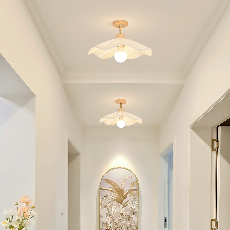 Modern Minimalist Round Flower Wooden Fabric Shade Semi-Flush Mount Light for Living Room