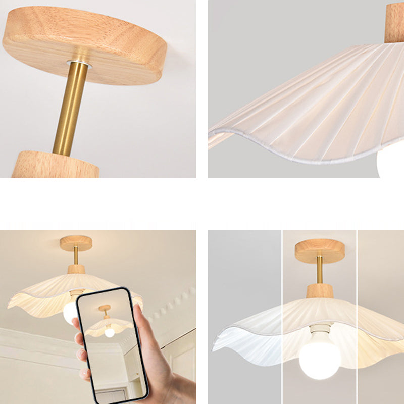 Modern Minimalist Round Flower Wooden Fabric Shade Semi-Flush Mount Light for Living Room