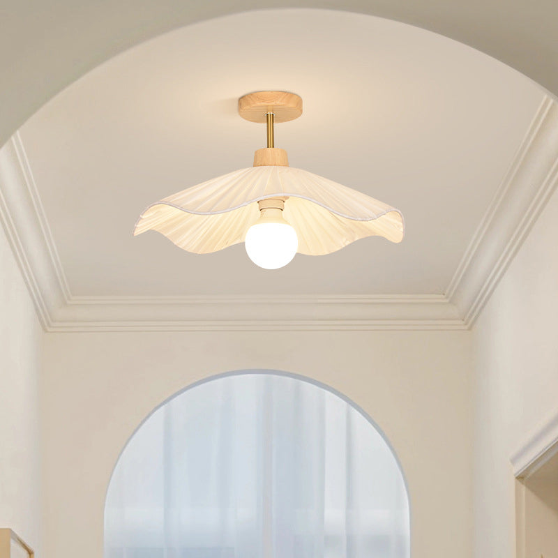 Modern Minimalist Round Flower Wooden Fabric Shade Semi-Flush Mount Light for Living Room