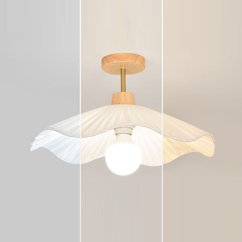 Modern Minimalist Round Flower Wooden Fabric Shade Semi-Flush Mount Light for Living Room