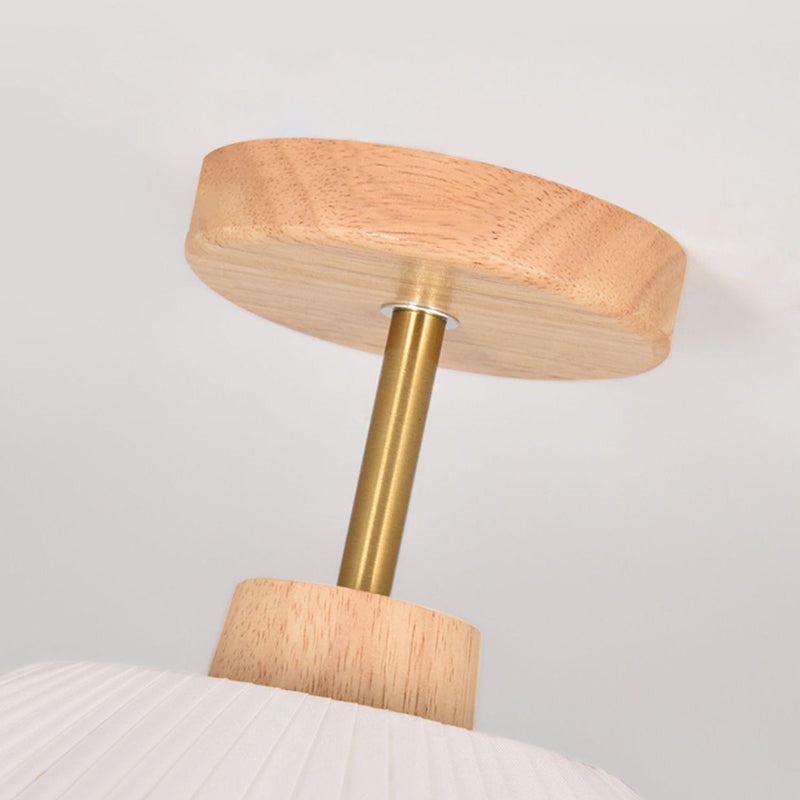 Modern Minimalist Round Flower Wooden Fabric Shade Semi-Flush Mount Light for Living Room