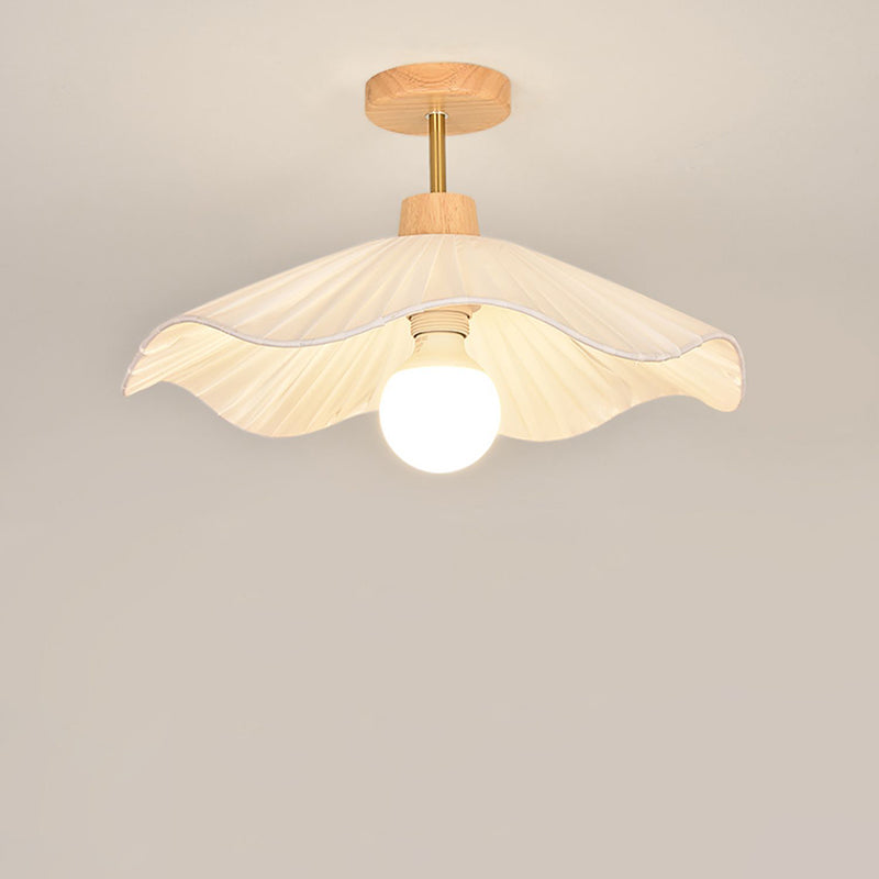 Modern Minimalist Round Flower Wooden Fabric Shade Semi-Flush Mount Light for Living Room