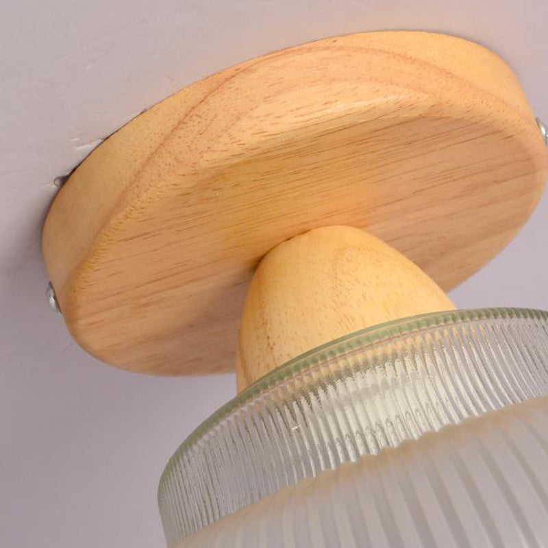 Contemporary Retro Round Dome Bowl Semi-Flush Mount Ceiling Light - Wood & Glass - 1-Light Fixture for Living Room