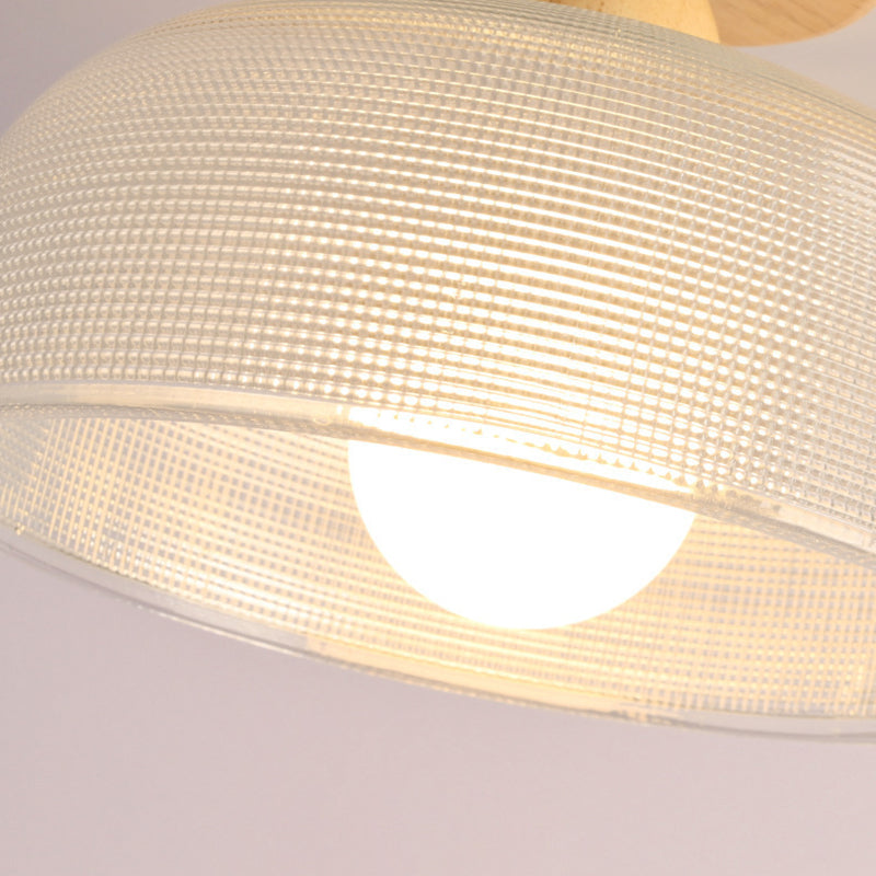 Contemporary Retro Round Dome Bowl Semi-Flush Mount Ceiling Light - Wood & Glass - 1-Light Fixture for Living Room