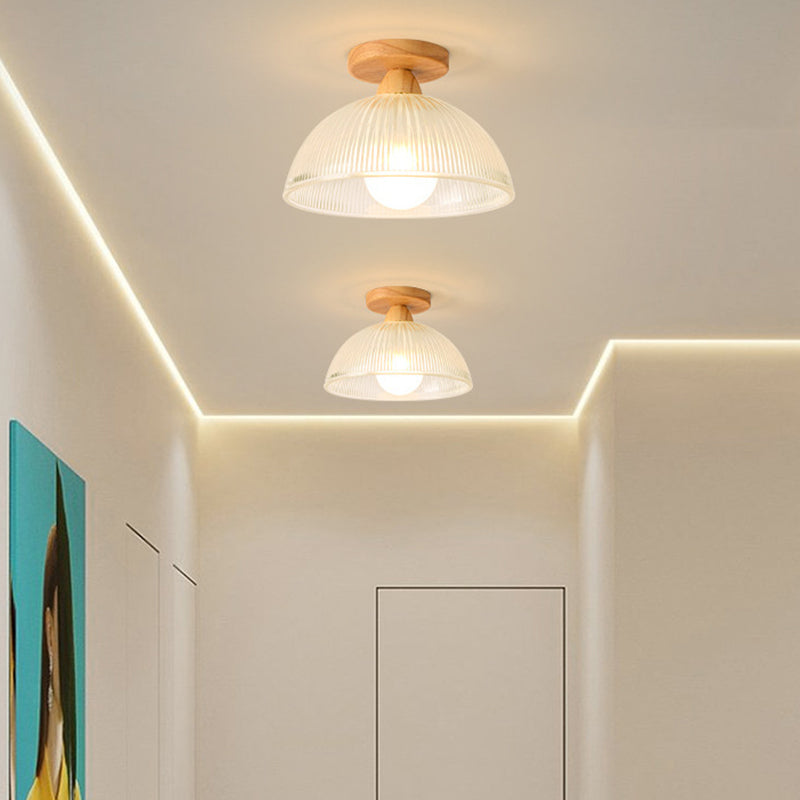 Contemporary Retro Round Dome Bowl Semi-Flush Mount Ceiling Light - Wood & Glass - 1-Light Fixture for Living Room