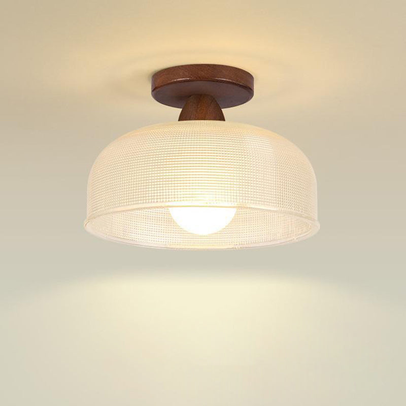 Contemporary Retro Round Dome Bowl Semi-Flush Mount Ceiling Light - Wood & Glass - 1-Light Fixture for Living Room