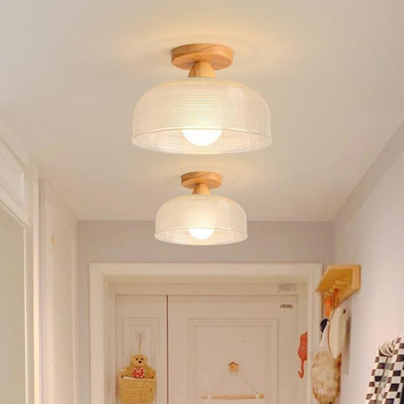 Contemporary Retro Round Dome Bowl Semi-Flush Mount Ceiling Light - Wood & Glass - 1-Light Fixture for Living Room