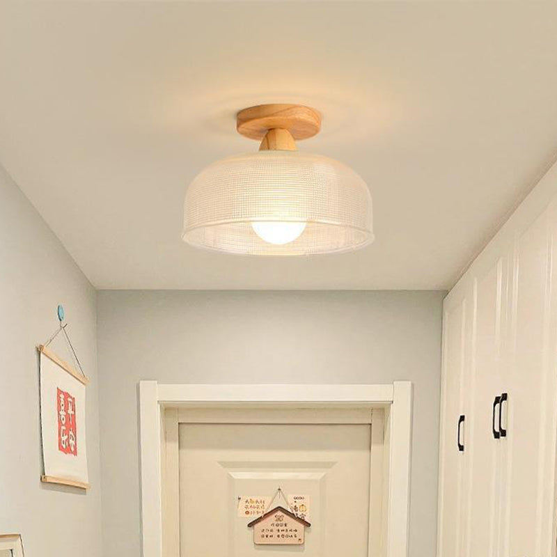 Contemporary Retro Round Dome Bowl Semi-Flush Mount Ceiling Light - Wood & Glass - 1-Light Fixture for Living Room